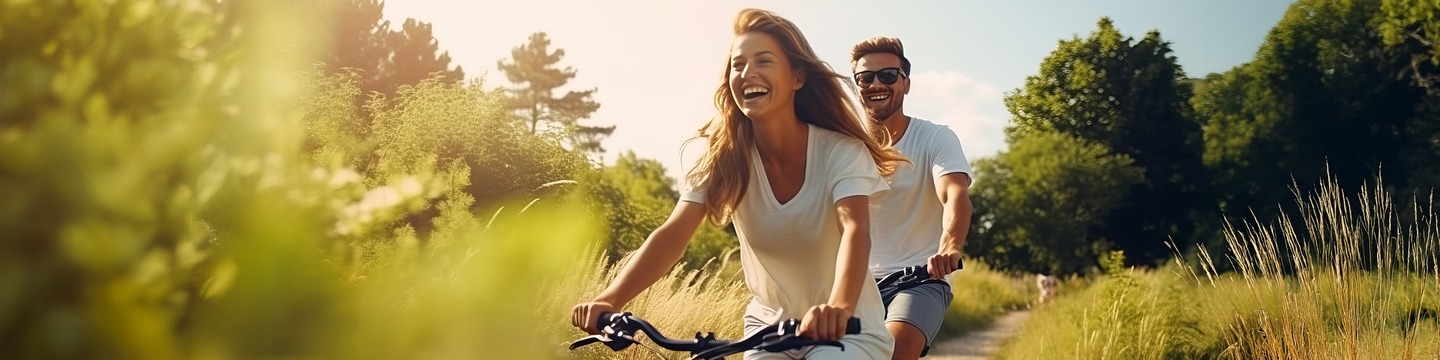 Vrouw en man fietsend door bos en duin